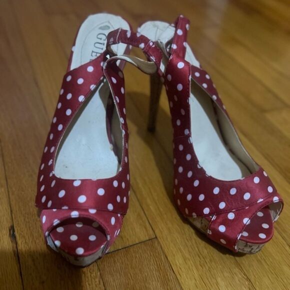 Guess Red/White Polkadot Open Toe Heeled Shoes - Picture 3 of 9